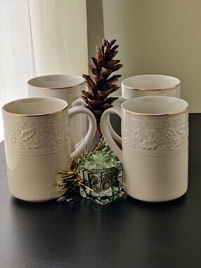 4 mugs | 🎄 Libbey Tableware | Holiday Garland pattern | Gold Trim